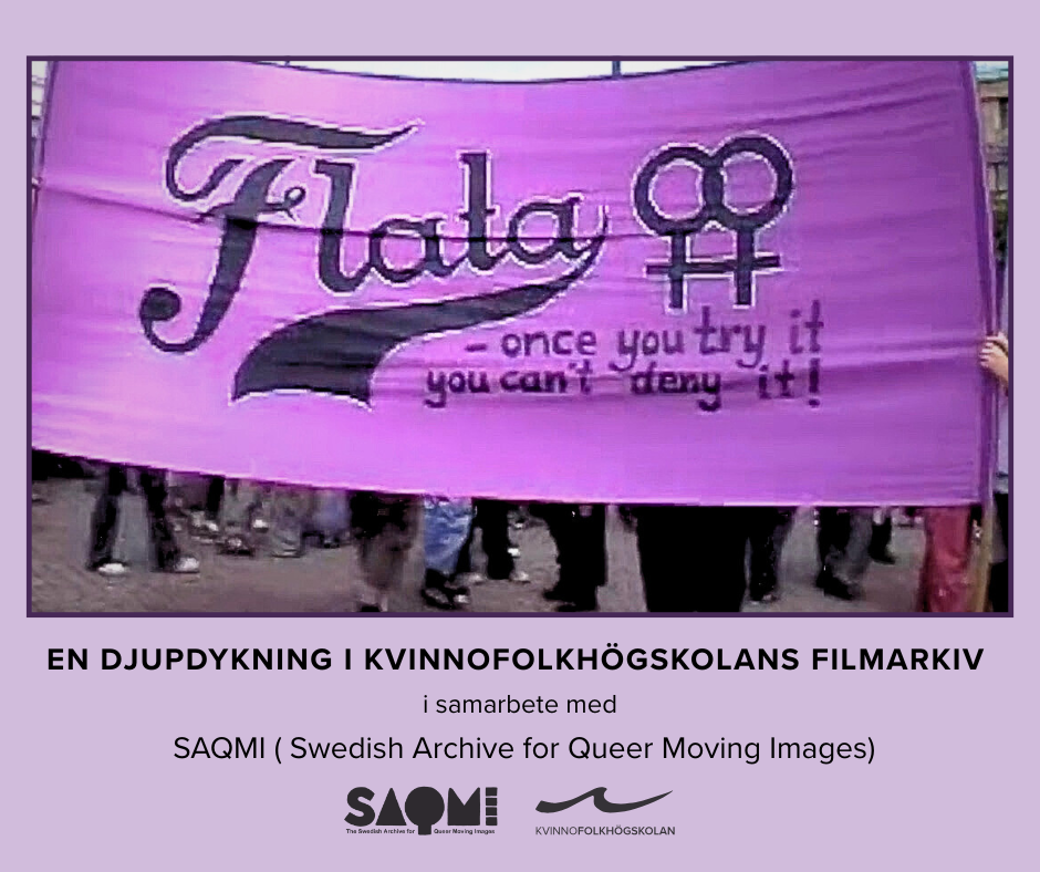 Lila bild på en hemgjord banderoll med två kvinnotecken och texten FLATA.