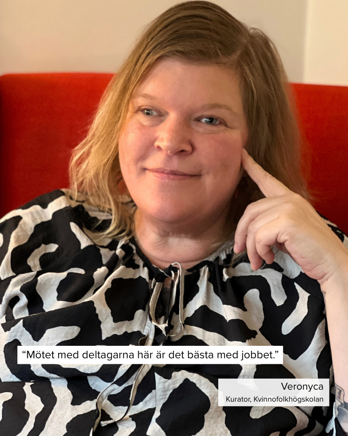 Kuratorn Veronyca Waldemarsdotter på Kvinnofolkhögskolan, porträttfoto med citat över bilden.